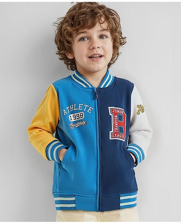 Babyug Cotton Knit Full Sleeves Bomber Jacket With Text Print & Embroidery - Blue