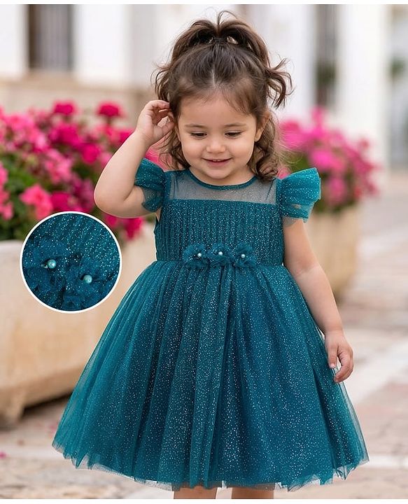 Babyhug Woven Half  Ruffle Sleeves Glitter Printed Solid Color Party Frock with Floral Applique - Teal Blue