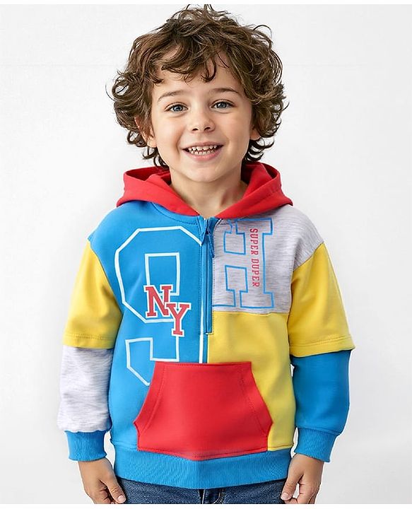 Babyhug Cotton Knit Full Doctor Sleeves Hooded Sweatshirt with Cut & Sew Design & Text Print - Multicolour