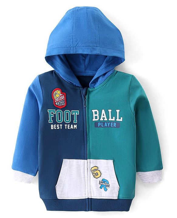 Babyhug Cotton Knit Full Sleeves Hooded Front Open Sweatjacket with Text Print & Kangaroo Pockets - Blue & Green