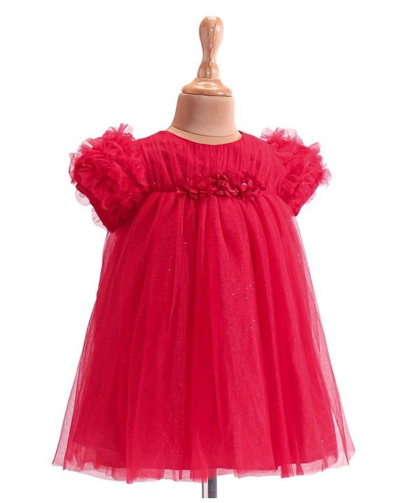 Babyhug Woven Ruffle Half Sleeves Fit and Flare Party Frock With Floral Applique -Red