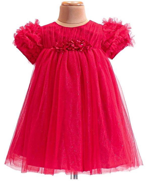Babyhug Woven Ruffle Half Sleeves Fit and Flare Party Frock With Floral Applique -Red