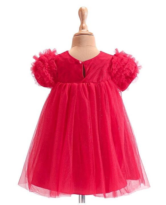 Babyhug Woven Ruffle Half Sleeves Fit and Flare Party Frock With Floral Applique -Red