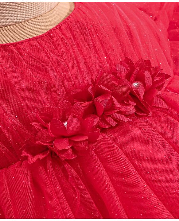 Babyhug Woven Ruffle Half Sleeves Fit and Flare Party Frock With Floral Applique -Red