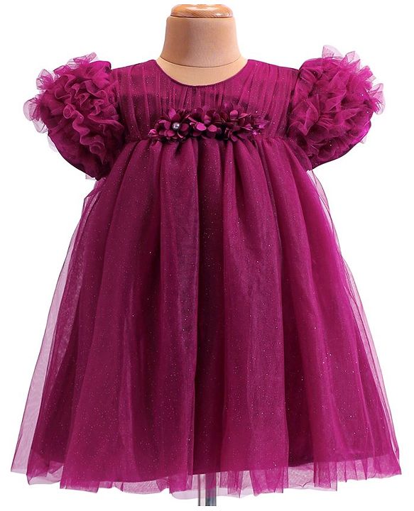 Babyhug  Woven Half Puffed Sleeves Mesh Shimmered Party Frock with Ruffle Detailing & Floral Applique - Wine