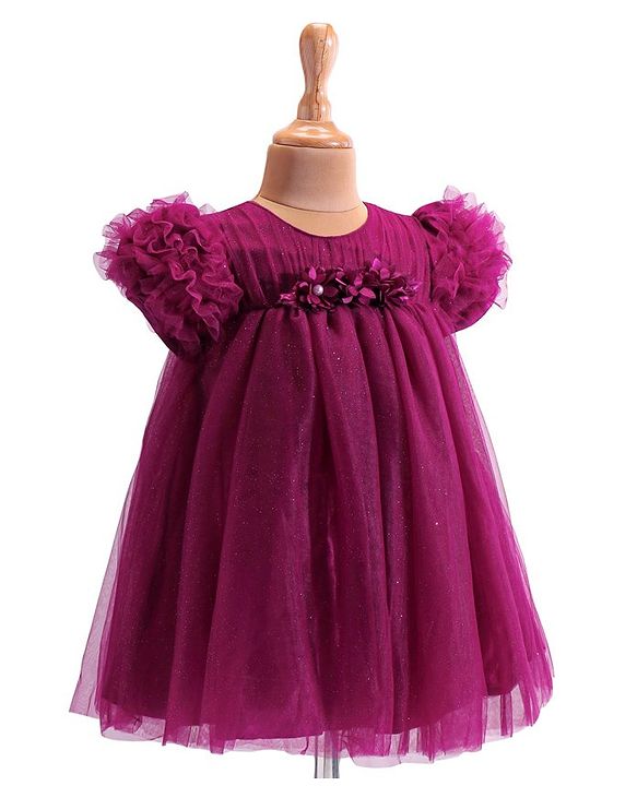 Babyhug  Woven Half Puffed Sleeves Mesh Shimmered Party Frock with Ruffle Detailing & Floral Applique - Wine