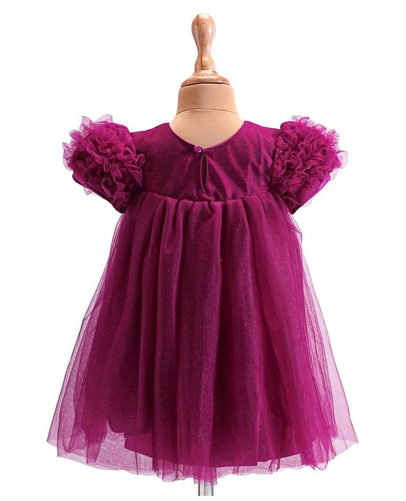 Babyhug  Woven Half Puffed Sleeves Mesh Shimmered Party Frock with Ruffle Detailing & Floral Applique - Wine