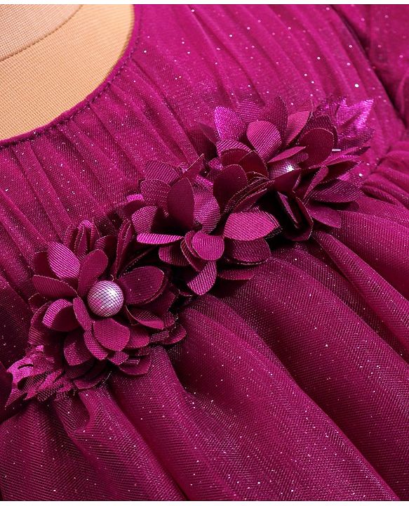 Babyhug  Woven Half Puffed Sleeves Mesh Shimmered Party Frock with Ruffle Detailing & Floral Applique - Wine