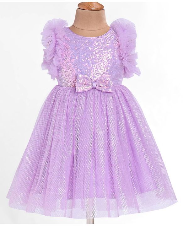 Babyhug Woven Sleeveless Sequined Fit & Flared Party Frock with Bow Applique & Frill Detailing - Lavender