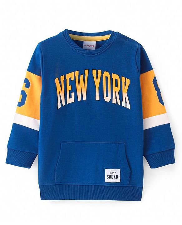 Babyhug Cotton Knit Full Sleeves Pullover Sweatshirt with Text Print - Blue
