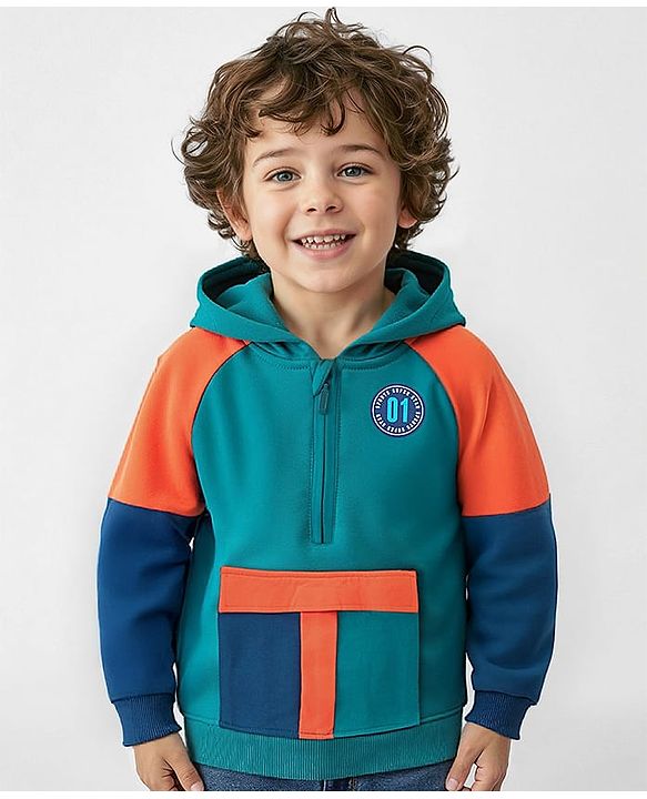 Babyhug Cotton Knit Full Raglan Sleeves Hooded Sweatjacket with Zipper & Graphics - Teal Blue