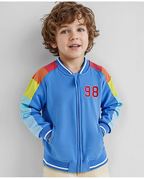 Babyhug Cotton Knit Full Raglan Sleeves Front Open Bomber Jacket with Colour Block Design on Sleeves - Blue