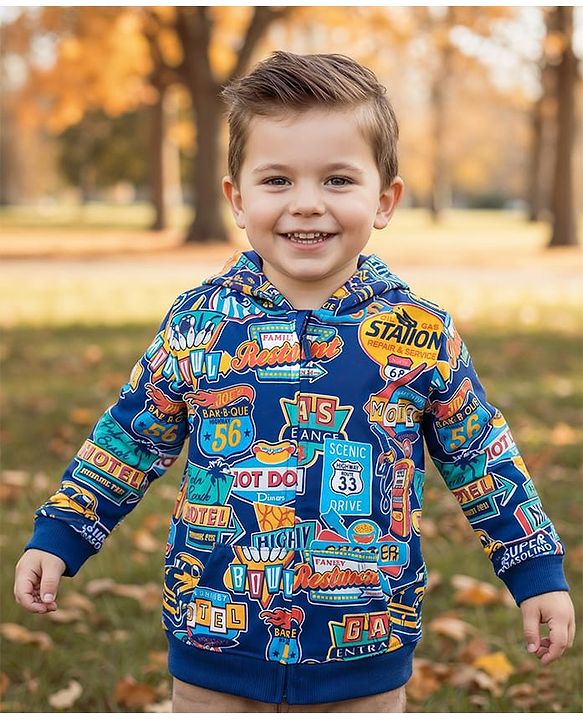 Babyhug Cotton Knit Full Sleeves Hooded Front Open Sweatjacket with Text Print - Blue