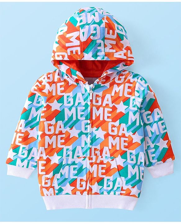 Babyhug Cotton Knit Full Sleeves Hooded Front Open Sweatjacket with Text Print & Kangaroo Pockets - White