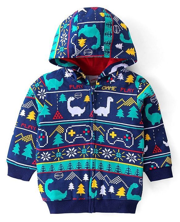 Babyhug Cotton Knit Full Sleeves Hooded Front Open Sweatjacket with Dino Print - Navy Blue
