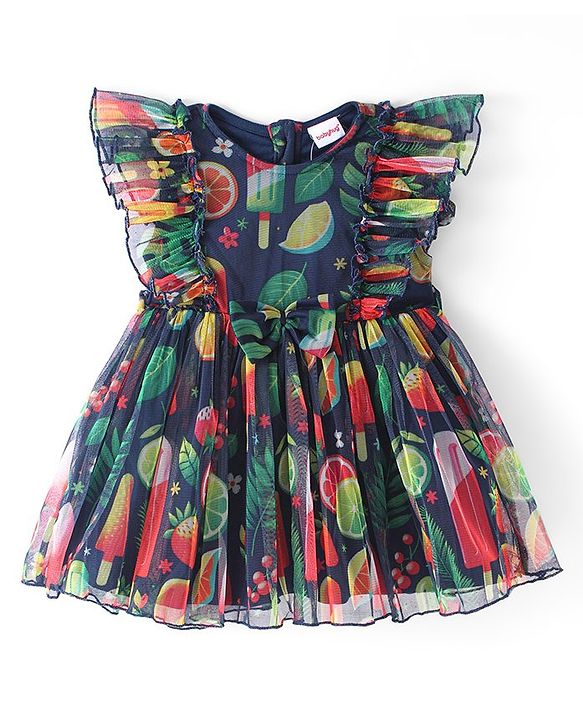 Babyhug Cotton Woven Sleeveless Frock with Fruit Print & Frill Detailing - Multicolor