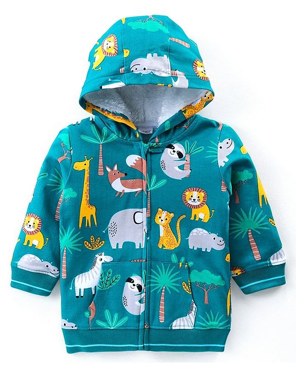 Babyhug Cotton Knit Full Sleeves Hooded Sweatjacket With Kangaroo Pockets Animal Print - Green