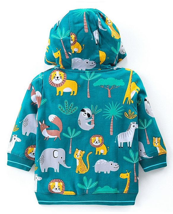 Babyhug Cotton Knit Full Sleeves Hooded Sweatjacket With Kangaroo Pockets Animal Print - Green