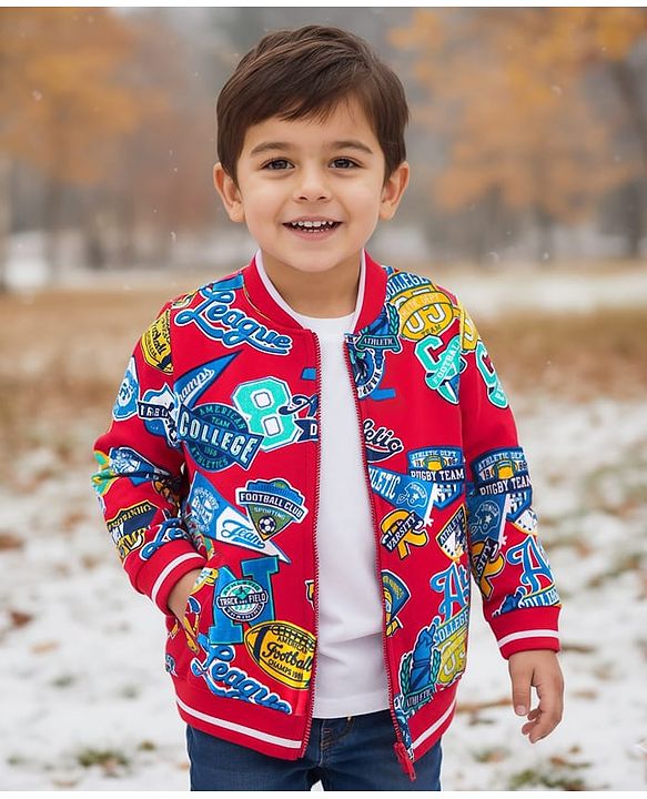 Babyhug Cotton Knit Full Sleeves Front Open Bomber Jacket With Text Prints - Red