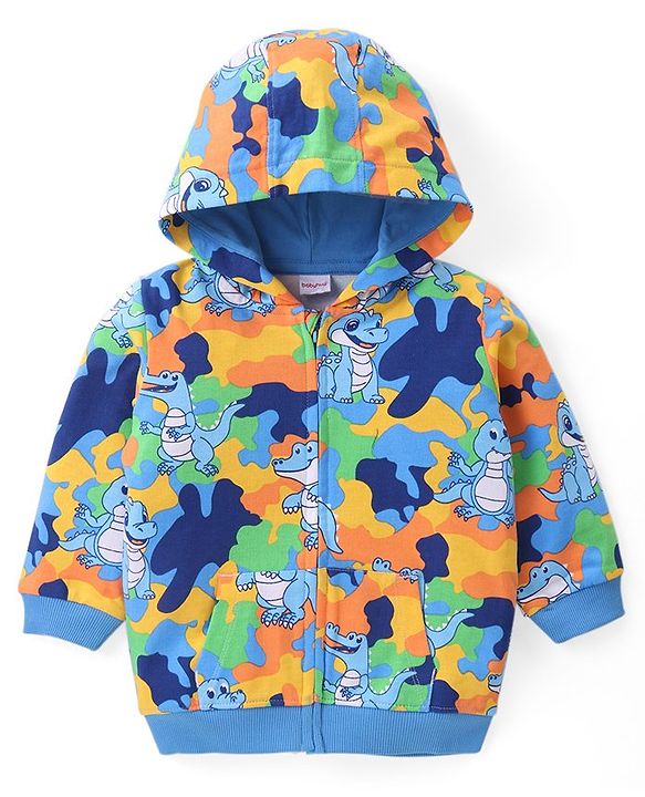 Babyhug Cotton Knit Full Sleeves Hooded Front Open Sweatjacket with Dino Print - Blue