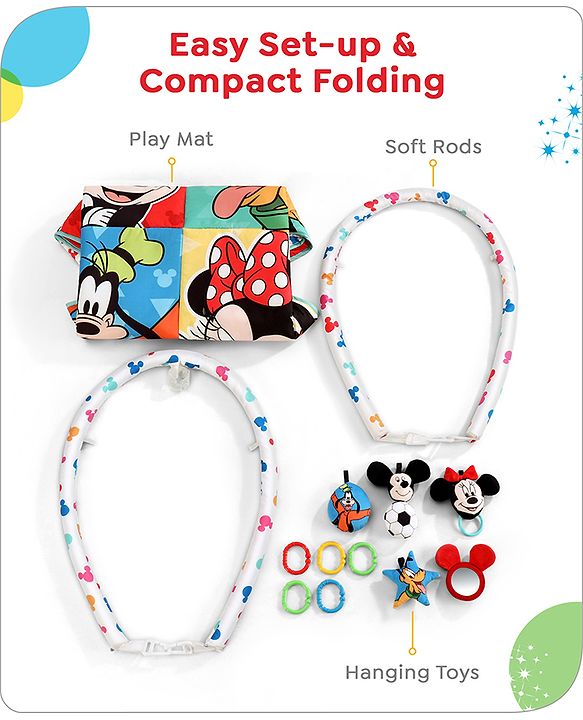 Babyhug Disney Mickey & Friends Playgym | BIS Certified | Soft Play Mat with 5 Fun Hanging Toys | Disney Mickey & Friends Theme for Newborns 0+ Months | Perfect for Indoor Play & Tummy Time | Stimulates Sensory Development, Hand-Eye Coordination & Mo