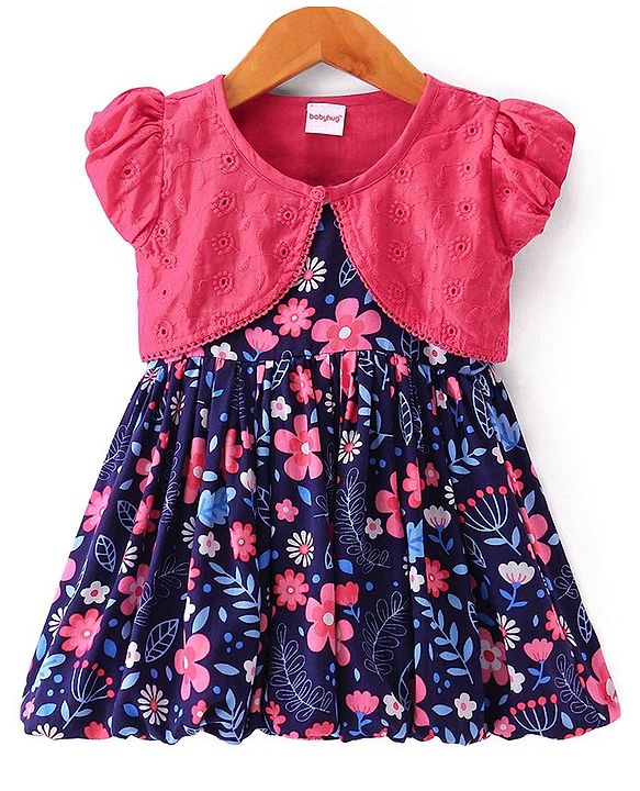 Babyhug Cotton Woven Half Sleeves Shrug with Frock Floral Print - Blue & Pink