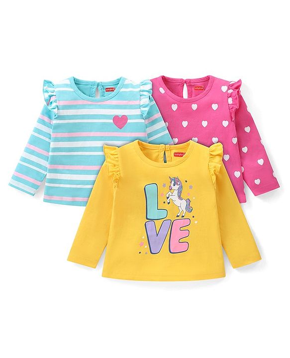 Babyhug Cotton Knit Full Sleeves T-Shirts with Frill Text & Heart Print Pack of 3 - Multicolor