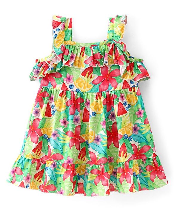 Babyhug  Cotton Woven Sleeveless Frock with Floral Print & Frill Detailing - Multicolor