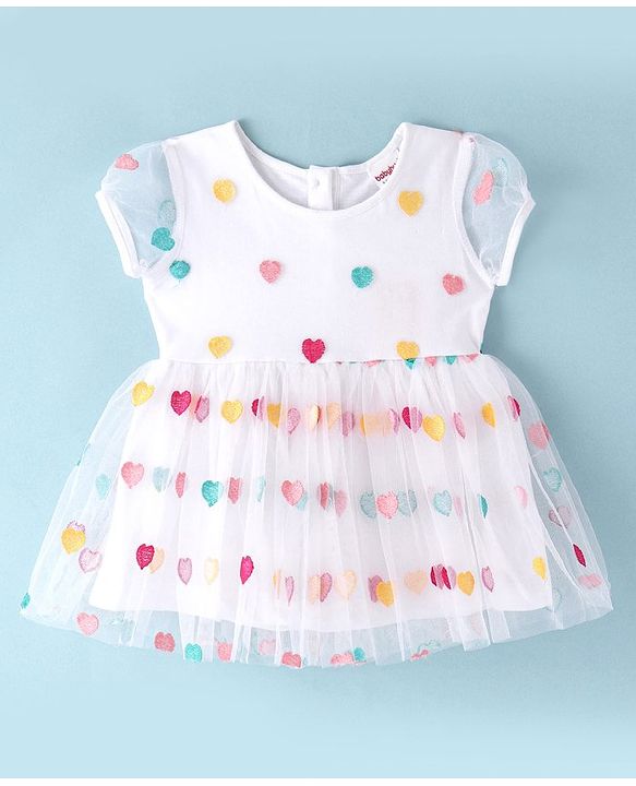 Babyhug Cotton Woven Half Sleeves Frock with Bloomer Heart Embroidery - White