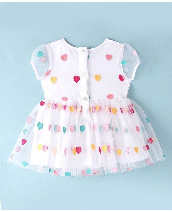 Babyhug Cotton Woven Half Sleeves Frock with Bloomer Heart Embroidery - White