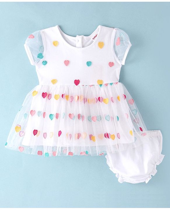 Babyhug Cotton Woven Half Sleeves Frock with Bloomer Heart Embroidery - White
