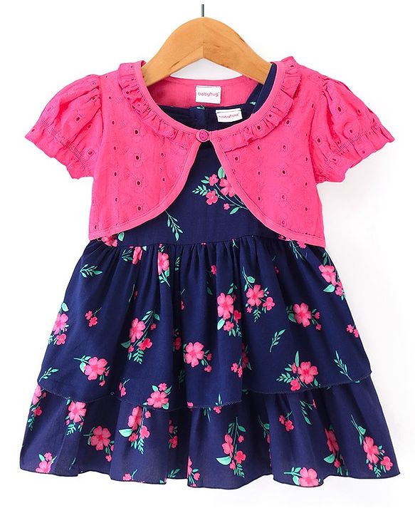 Babyhug Cotton Woven Half Sleeves Shrug with Frock Floral Print - Navy Blue & Pink