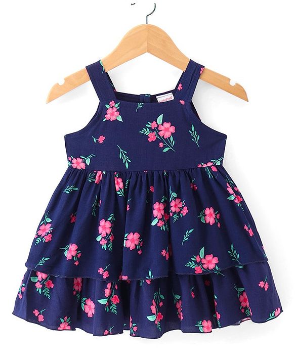 Babyhug Cotton Woven Half Sleeves Shrug with Frock Floral Print - Navy Blue & Pink