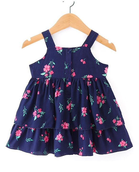 Babyhug Cotton Woven Half Sleeves Shrug with Frock Floral Print - Navy Blue & Pink