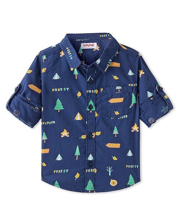 Babyhug Cotton Woven Full Sleeves Regular Collar Tress Printed Shirt with Pocket Detailing - Navy Blue