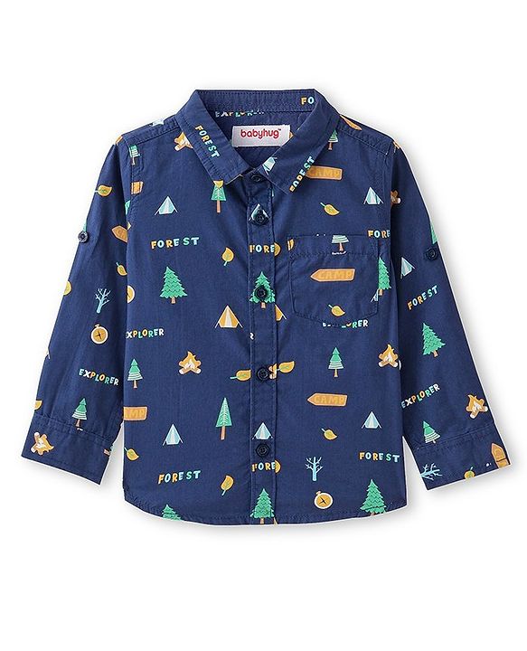 Babyhug Cotton Woven Full Sleeves Regular Collar Tress Printed Shirt with Pocket Detailing - Navy Blue