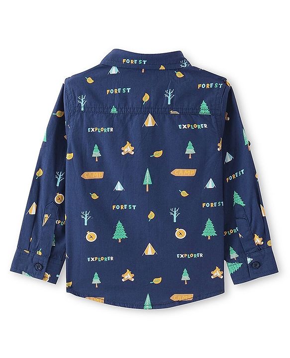 Babyhug Cotton Woven Full Sleeves Regular Collar Tress Printed Shirt with Pocket Detailing - Navy Blue