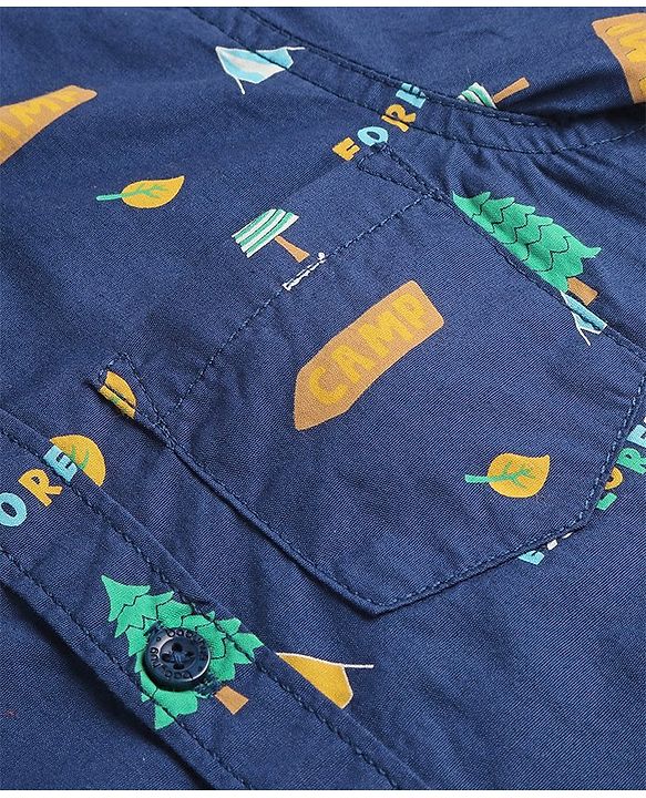 Babyhug Cotton Woven Full Sleeves Regular Collar Tress Printed Shirt with Pocket Detailing - Navy Blue