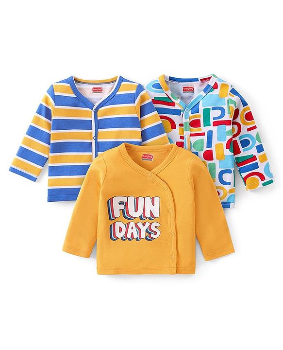 Babyhug Interlock Knit Full Sleeves Front Open Vests With Stripes & Text Print Pack of 3 - Blue & Yellow