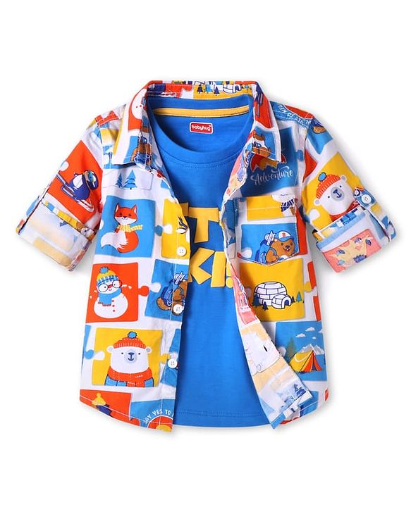Babyhug Cotton Woven Full Sleeves Adventure Theme Shirt With T-Shirt - Blue