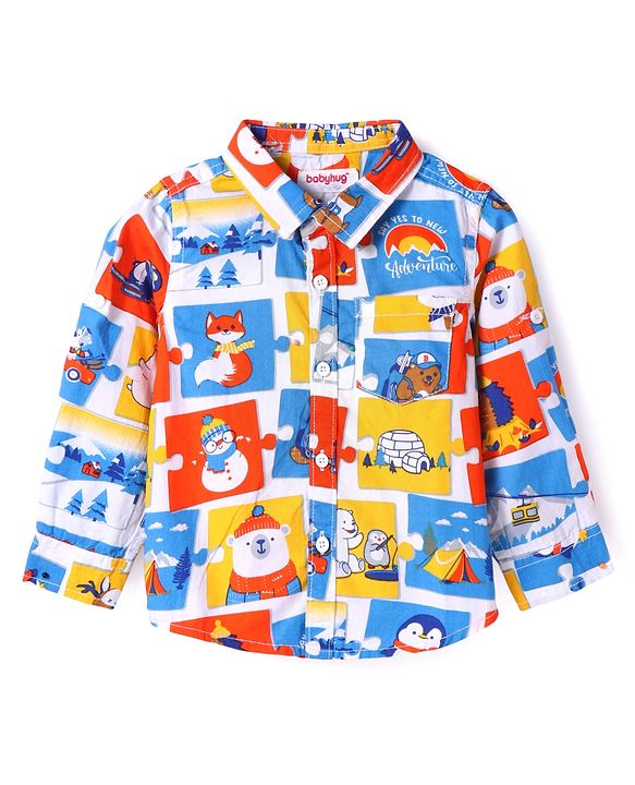 Babyhug Cotton Woven Full Sleeves Adventure Theme Shirt With T-Shirt - Blue