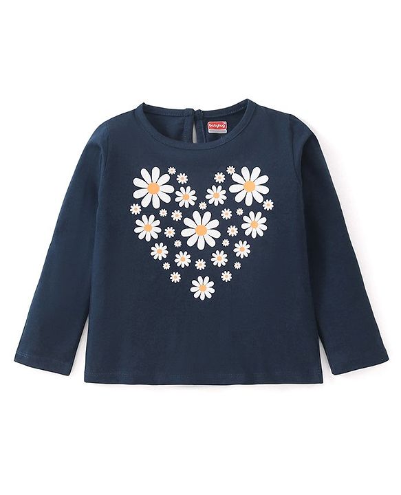 Babyhug Cotton Knit Full Sleeves T-Shirt With Floral Print - Navy Blue
