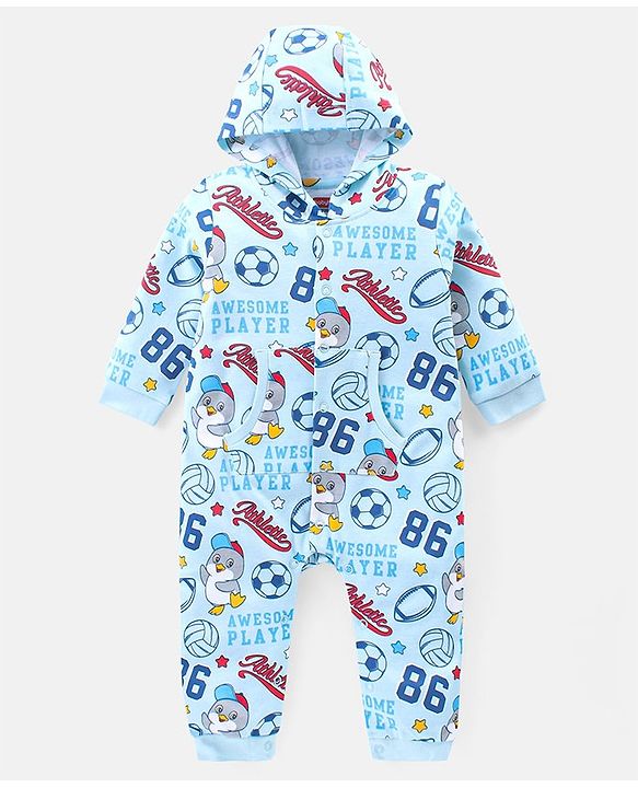 Babyhug 100% Cotton Full Sleeves Hooded Romper Text Print - Blue