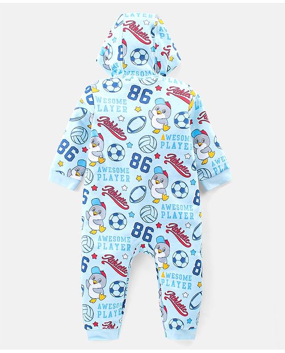 Babyhug 100% Cotton Full Sleeves Hooded Romper Text Print - Blue
