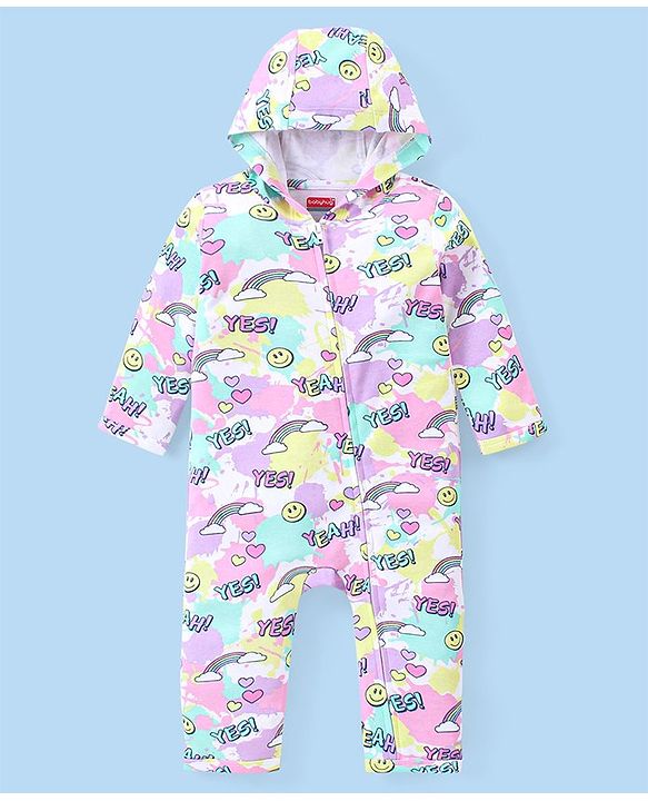 Babyhug 100% Cotton Knit Full Sleeves Hooded Front Open Romper with Text & Rainbow Print - White Pink & Blue