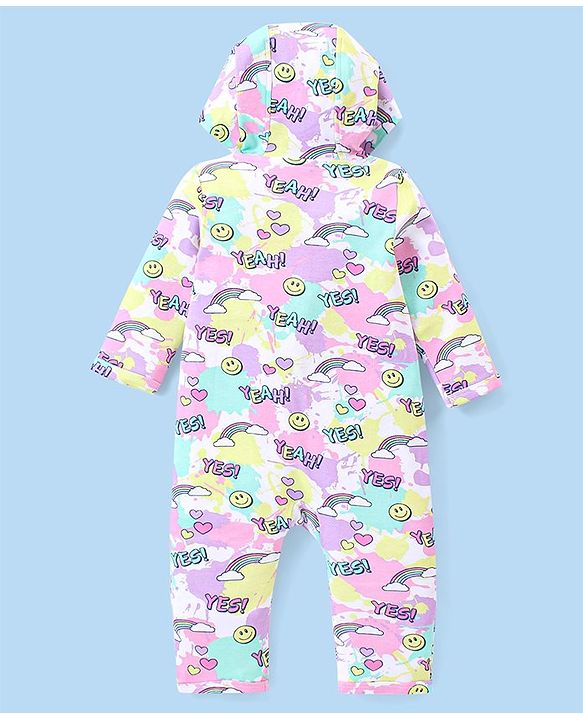 Babyhug 100% Cotton Knit Full Sleeves Hooded Front Open Romper with Text & Rainbow Print - White Pink & Blue