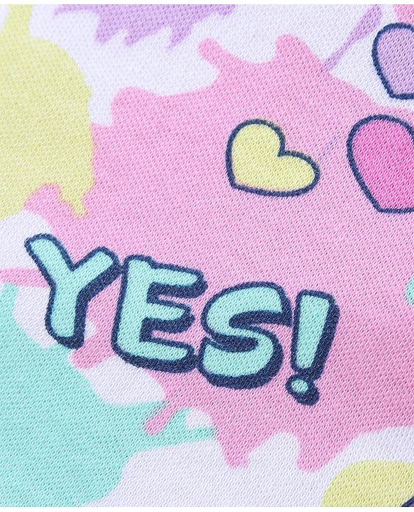 Babyhug 100% Cotton Knit Full Sleeves Hooded Front Open Romper with Text & Rainbow Print - White Pink & Blue