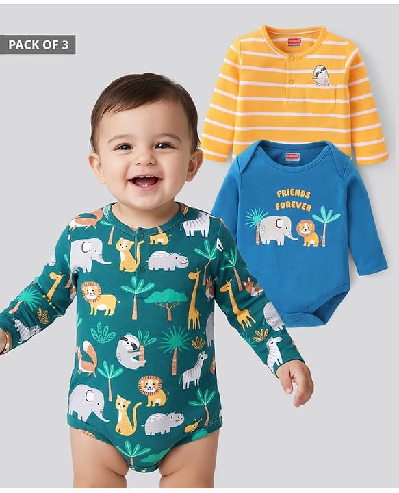 Babyhug 100% Cotton Full Sleeves Onesies Animal Print Pack of 3 -Blue & Yellow