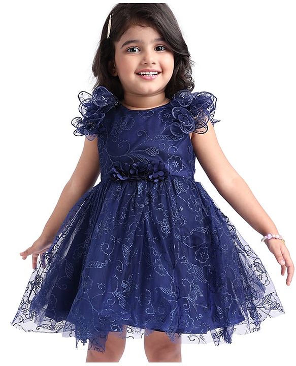 Babyhug Woven Half Ruffle Sleeves Shimmered Fit & Flared Party Frock with Corsage Applique - Navy Blue