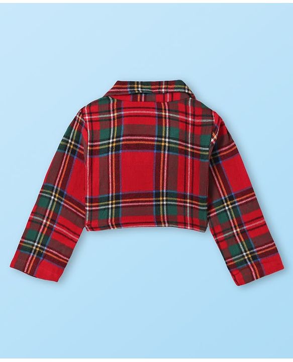 Babyhug Cotton Knit Full Sleeves Checkered Collared Top Skirt & Vest - Red